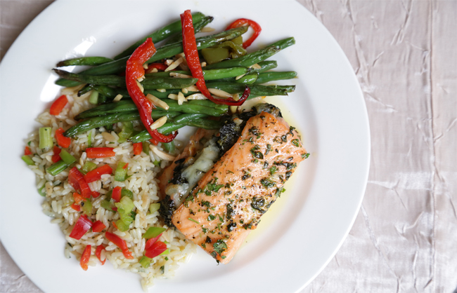 Stuffed Salmon with Rice Pilaf and Green Bean Almondine